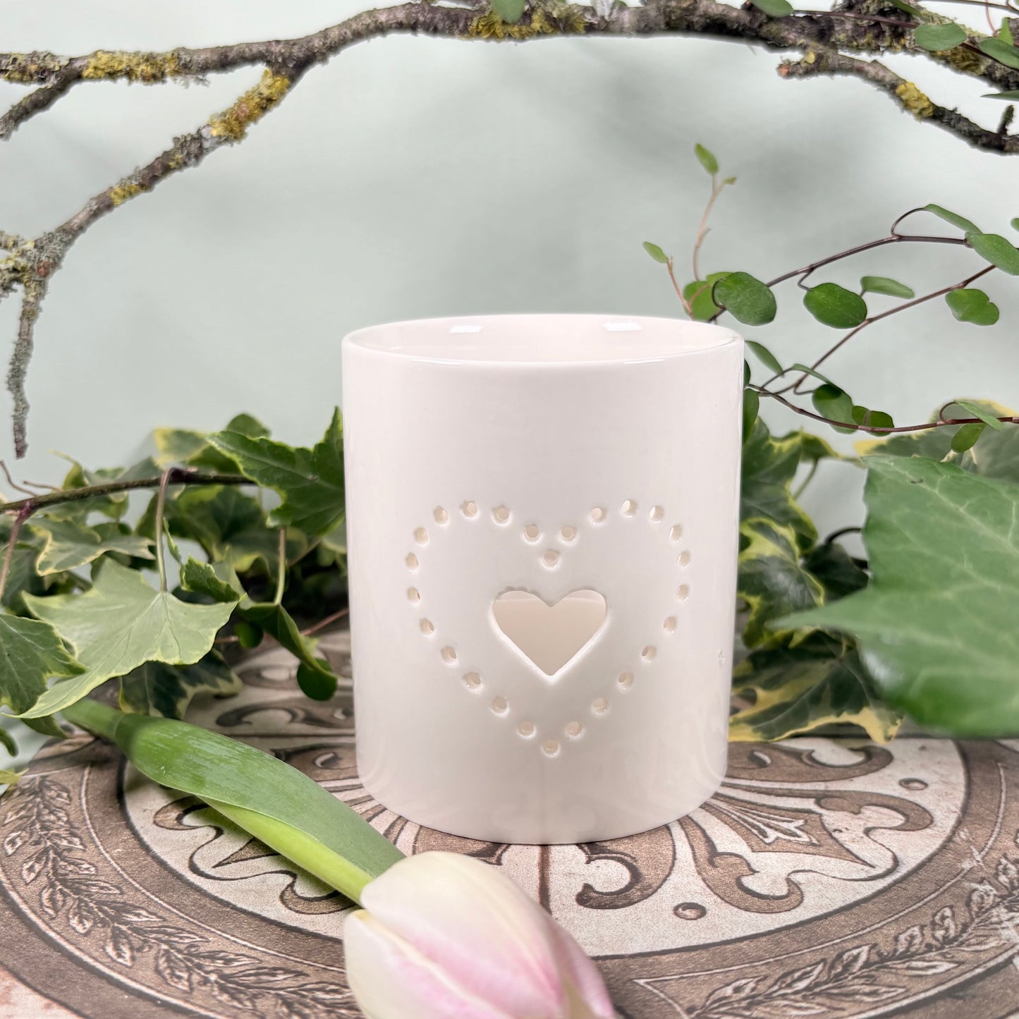 Dotted Double Heart Ceramic Tealight Holder