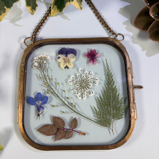 Pressed Flowers in Brass Edged Hanging Frame (10cm x 10cm) (Code FF101)