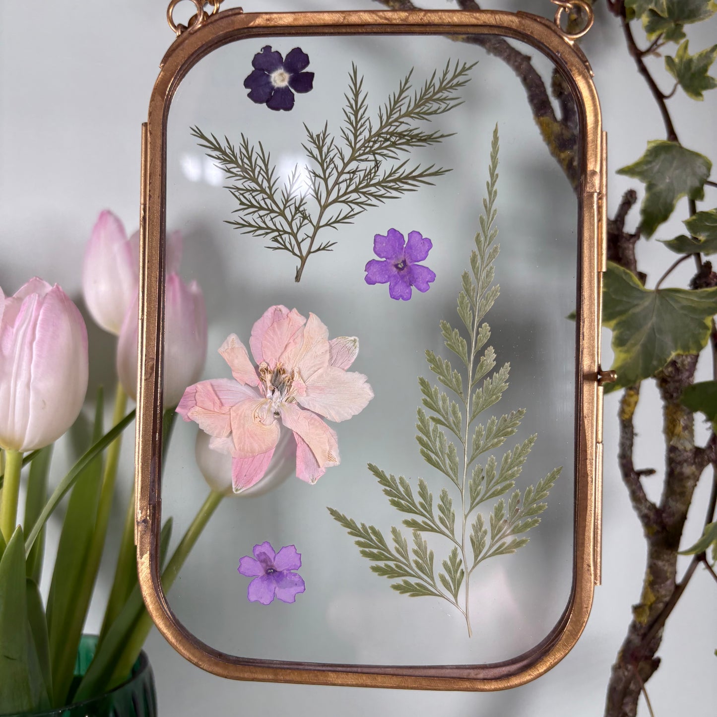 Pressed Flowers in Brass Edged Hanging Frame (10cm x 15cm) (Code FF104)
