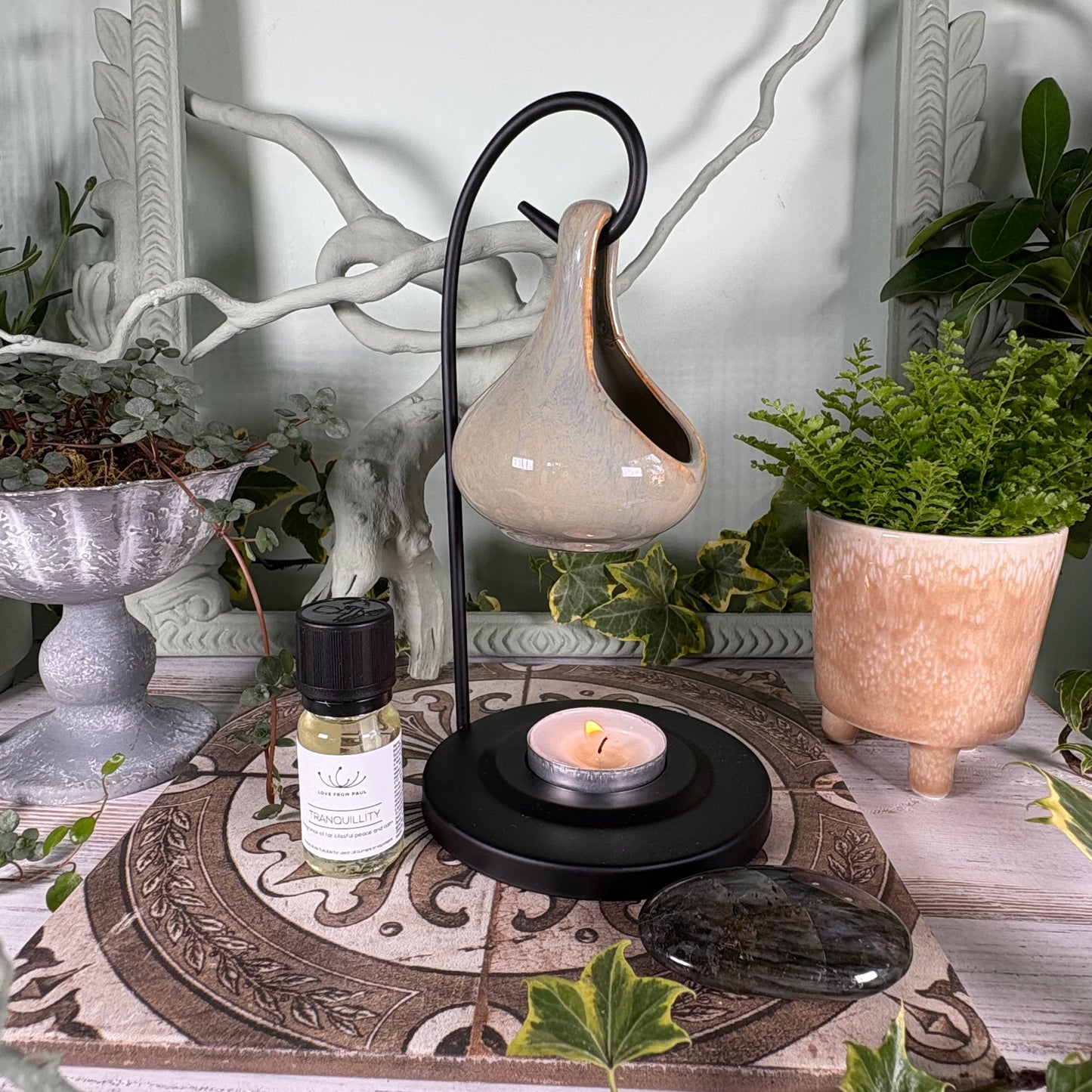 Hanging Teardrop Oil Burner On Metal Stand