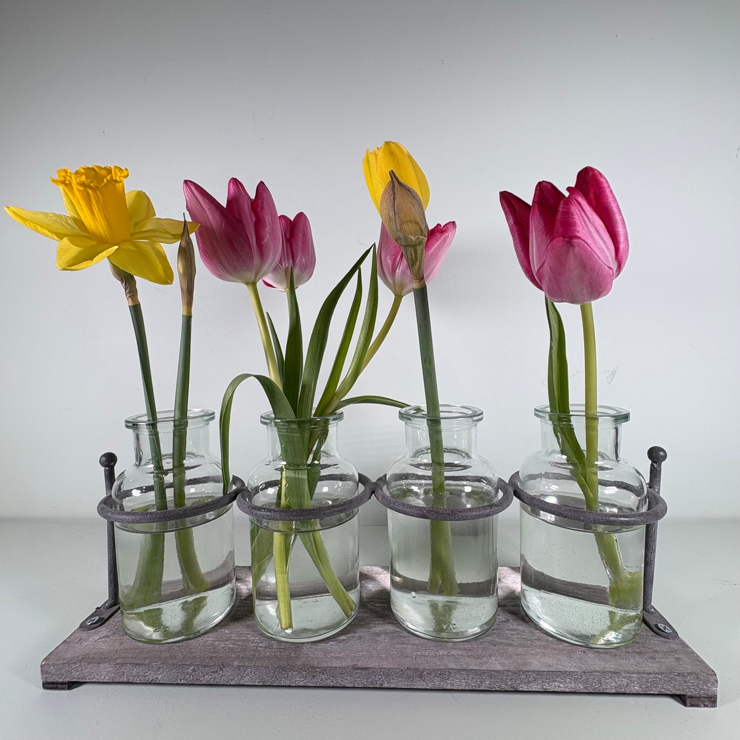 Wood and Metal Rack and 4 Jars