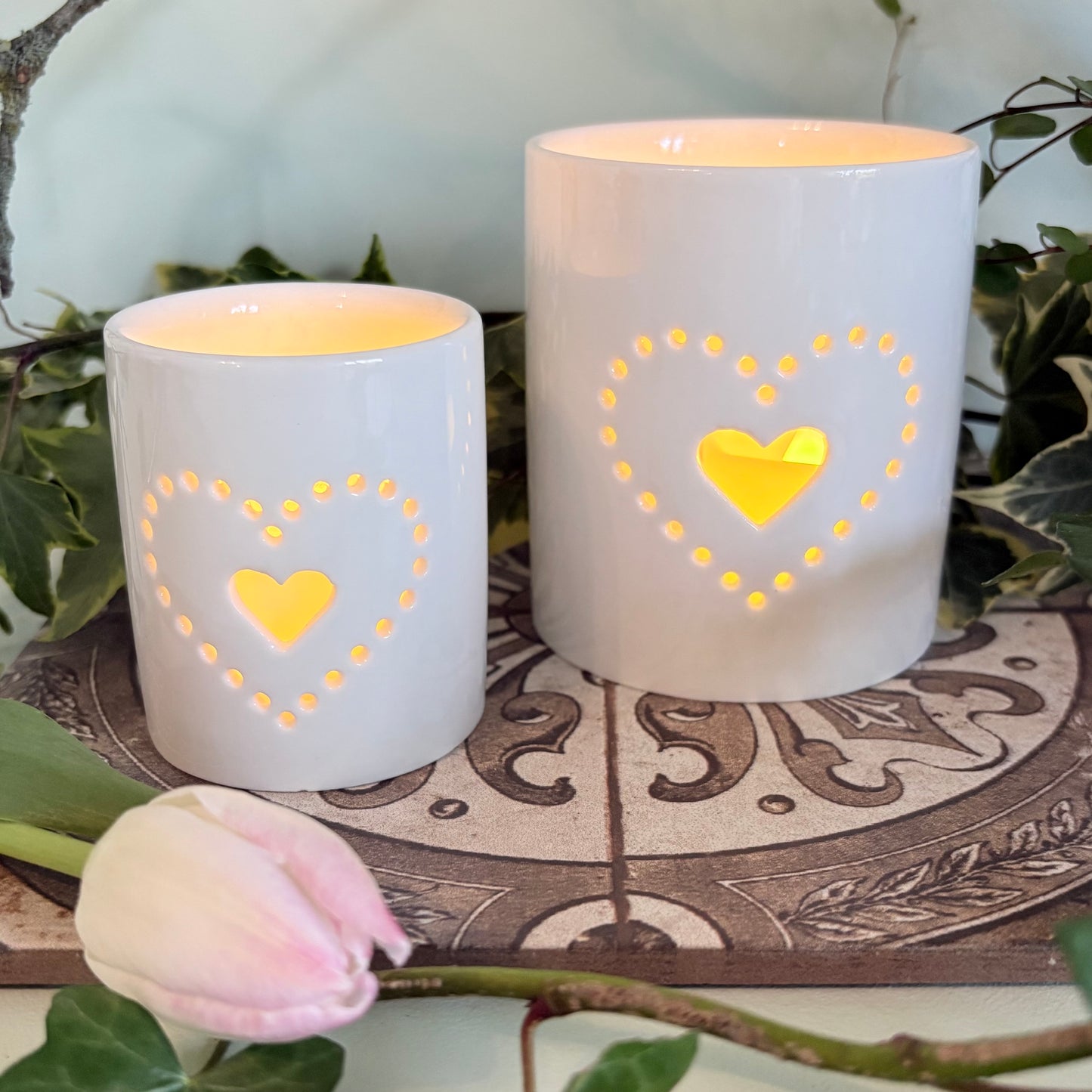 Dotted Double Heart Ceramic Tealight Holder