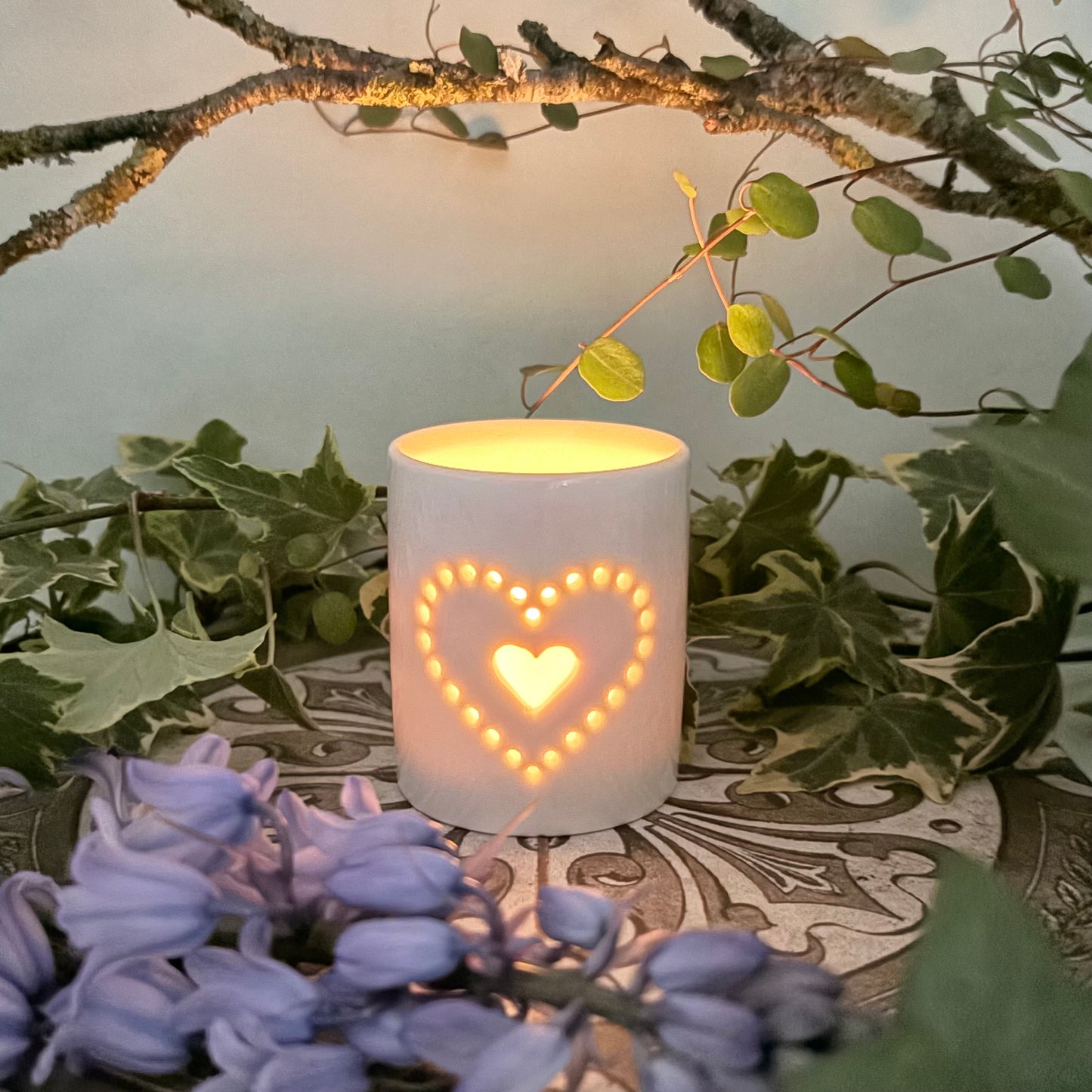 Dotted Double Heart Ceramic Tealight Holder