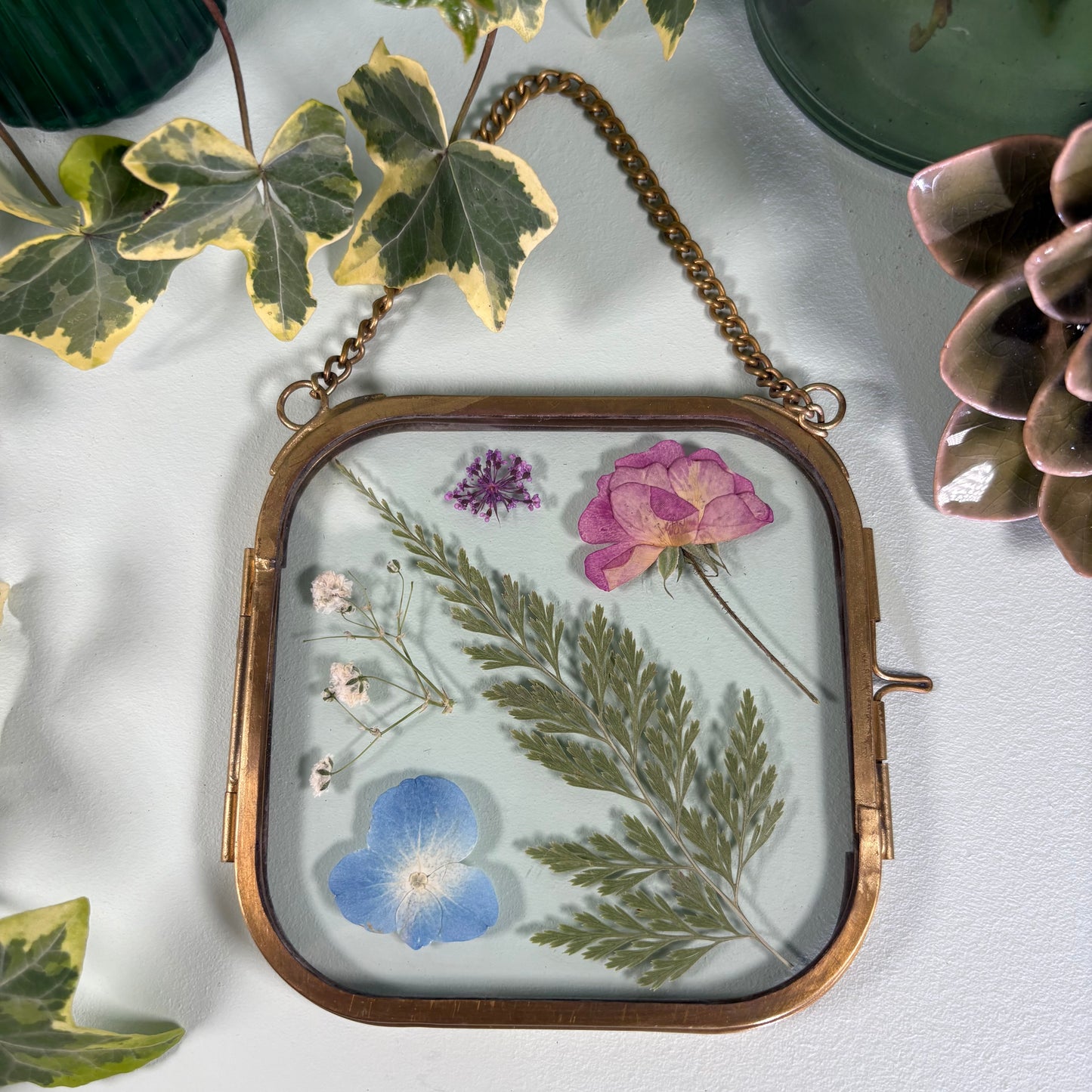 Pressed Flowers in Brass Edged Hanging Frame (10cm x 10cm) (Code FF103)