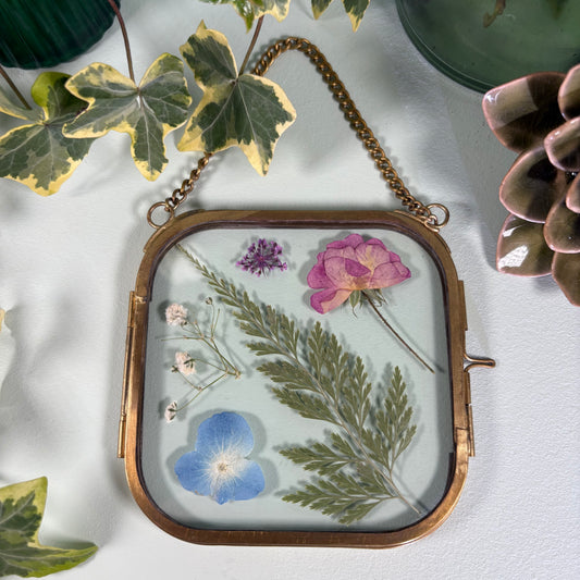 Pressed Flowers in Brass Edged Hanging Frame (10cm x 10cm) (Code FF103)