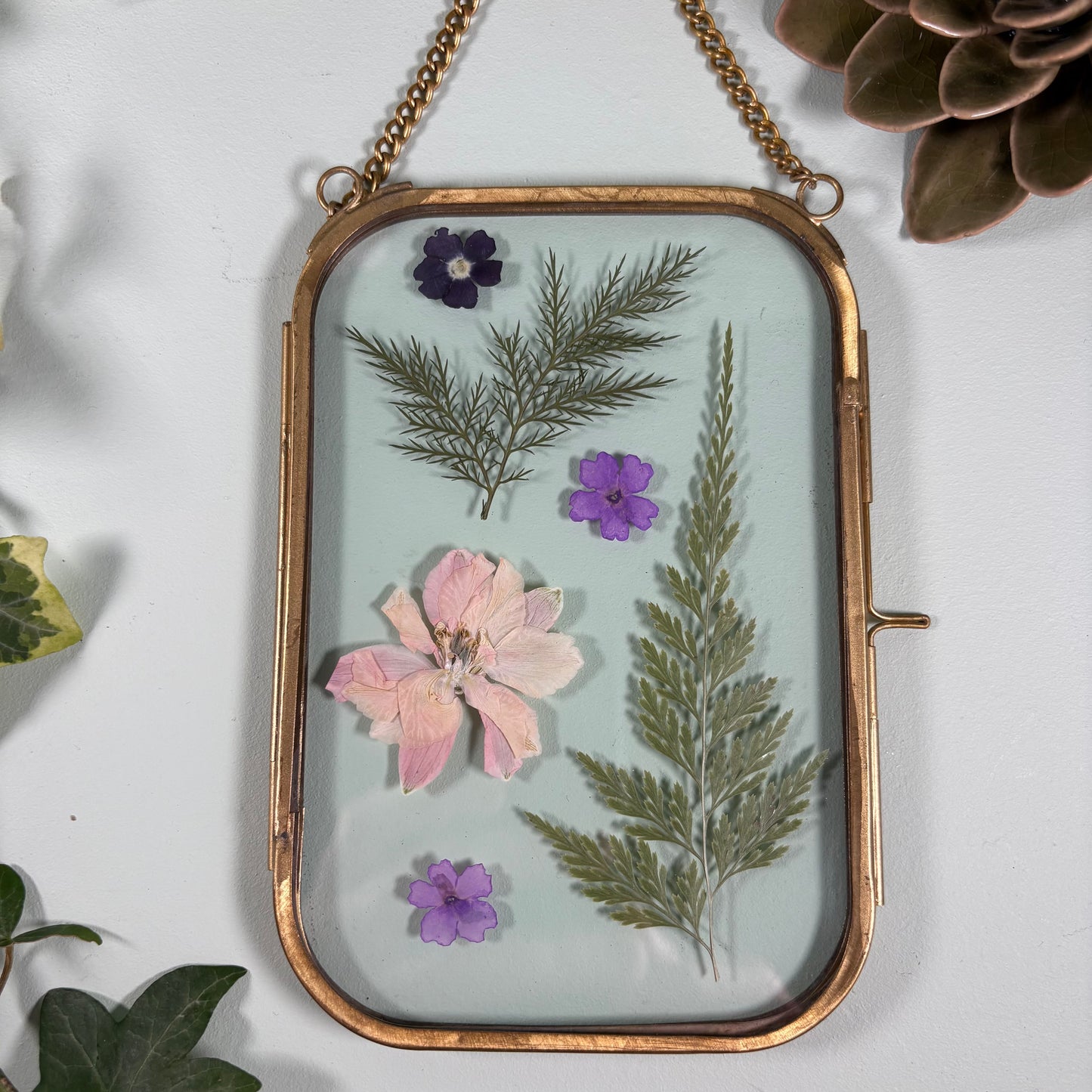 Pressed Flowers in Brass Edged Hanging Frame (10cm x 15cm) (Code FF104)