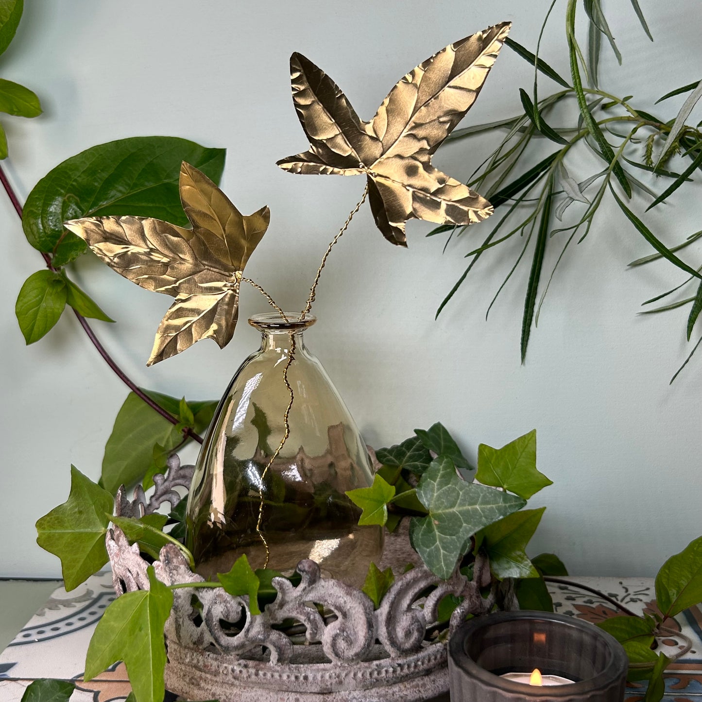 Twin Ivy Leaf Branch Metal Botanic